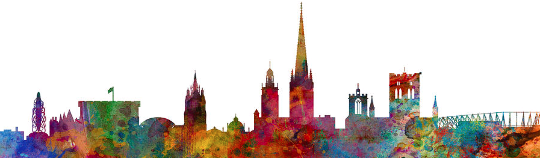 Colourful illustration of the Norwich skyline